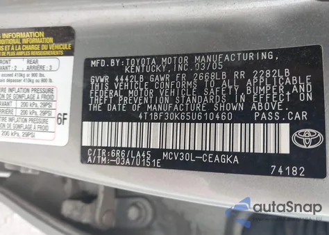 2005 Toyota Camry Xle V6 из США, поврежденный, VIN 4T1BF30K65U610460